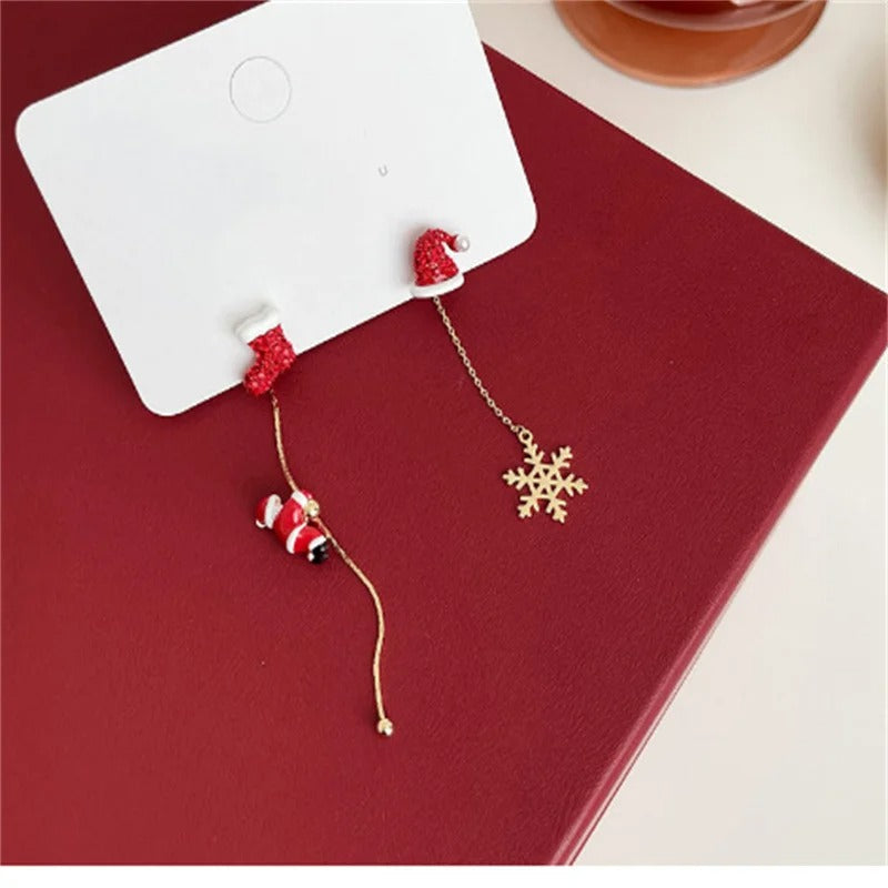 Asymmetric Snowflake Christmas Boot & Hat Drop Earrings – Festive Statement Jewellery for the Holiday Season