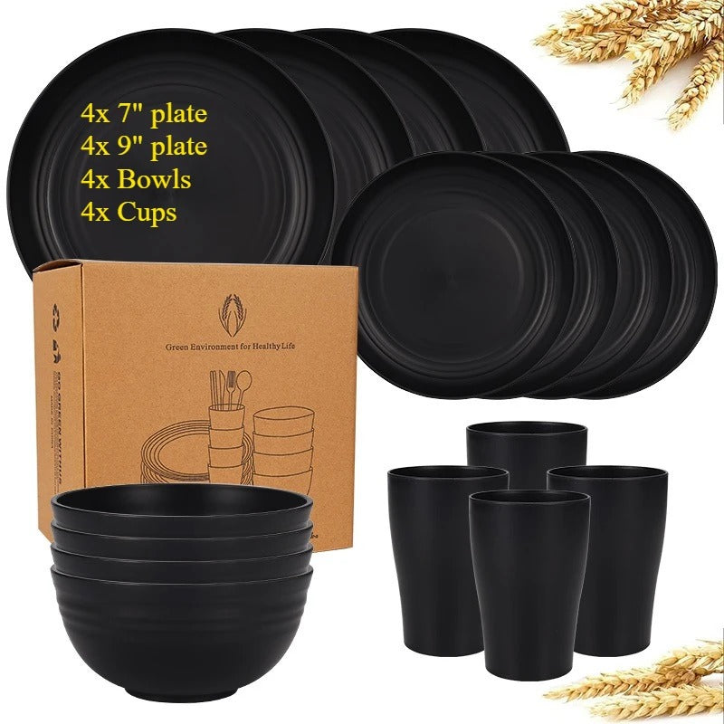 Biodegradable Dinnerware Set – Unbreakable Plates, Bowls & Cups | 16-Piece Lightweight Kitchen Set