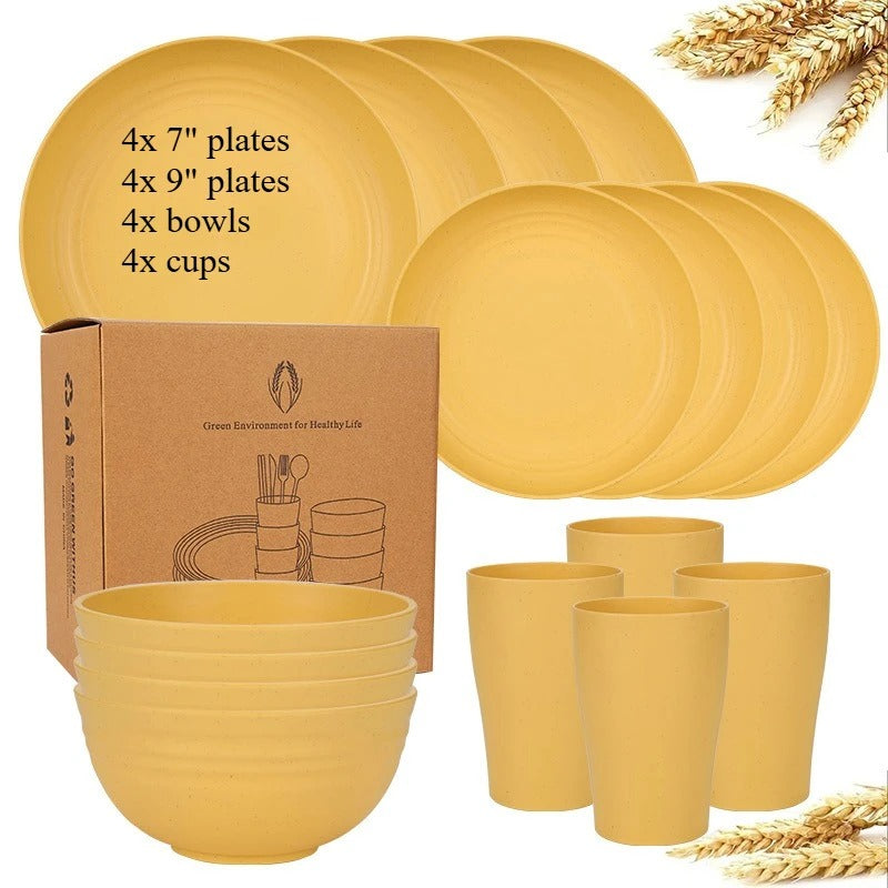 Biodegradable Dinnerware Set – Unbreakable Plates, Bowls & Cups | 16-Piece Lightweight Kitchen Set