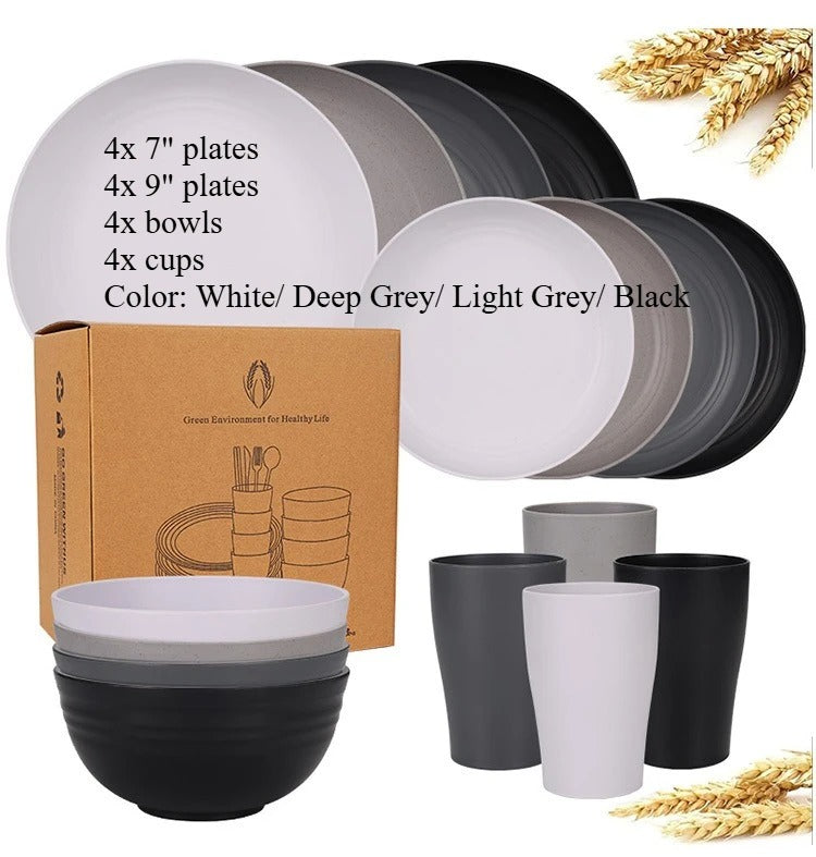 Biodegradable Dinnerware Set – Unbreakable Plates, Bowls & Cups | 16-Piece Lightweight Kitchen Set