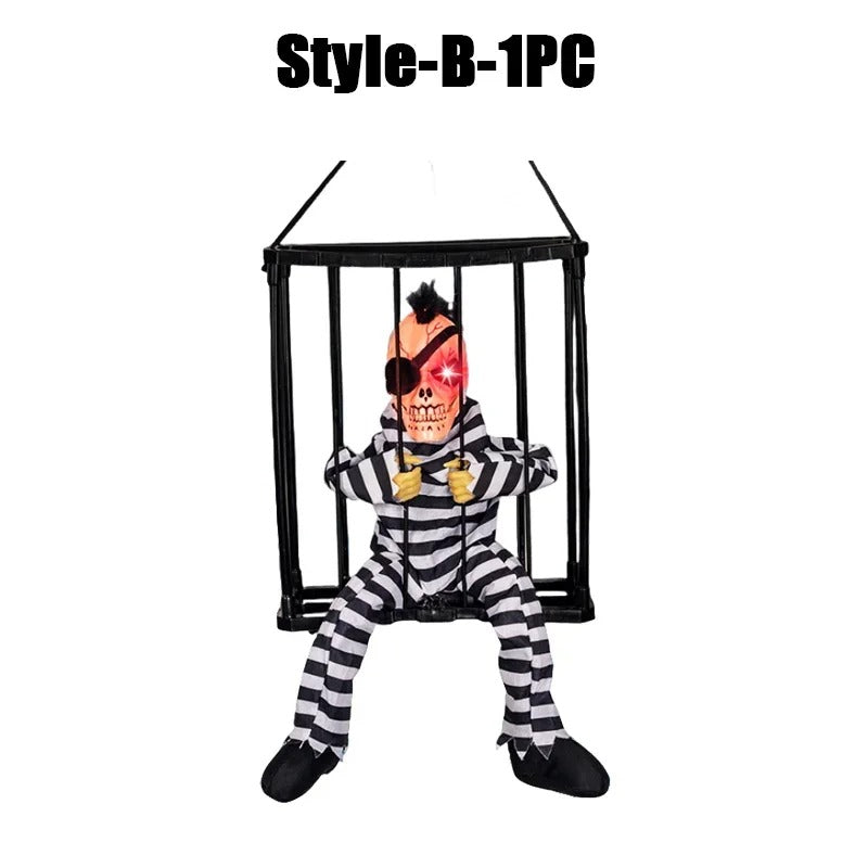 Prisoner Ghost in Cage – Scary Skull Prop Electric Skeleton Halloween Decoration