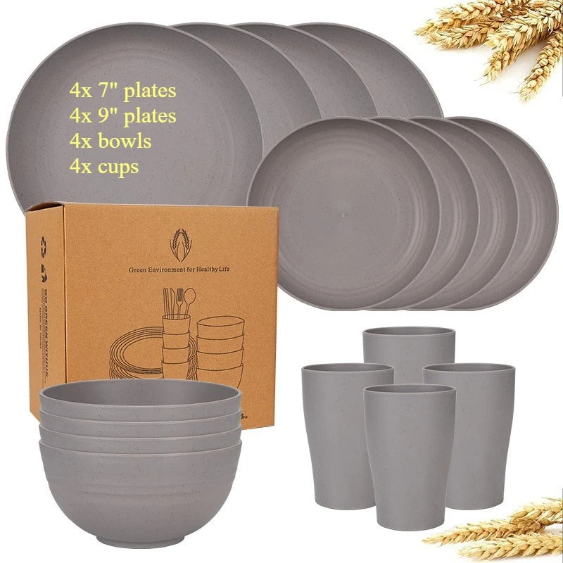 Biodegradable Dinnerware Set – Unbreakable Plates, Bowls & Cups | 16-Piece Lightweight Kitchen Set