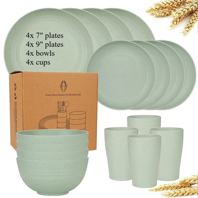 Biodegradable Dinnerware Set – Unbreakable Plates, Bowls & Cups | 16-Piece Lightweight Kitchen Set