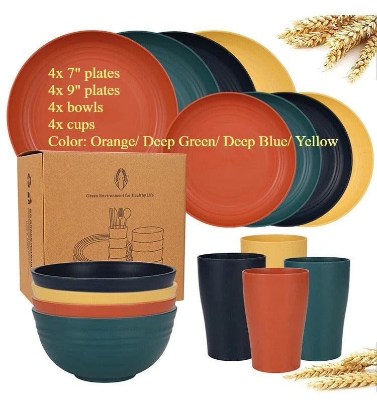 Biodegradable Dinnerware Set – Unbreakable Plates, Bowls & Cups | 16-Piece Lightweight Kitchen Set