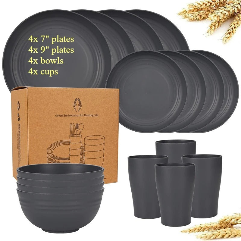 Biodegradable Dinnerware Set – Unbreakable Plates, Bowls & Cups | 16-Piece Lightweight Kitchen Set