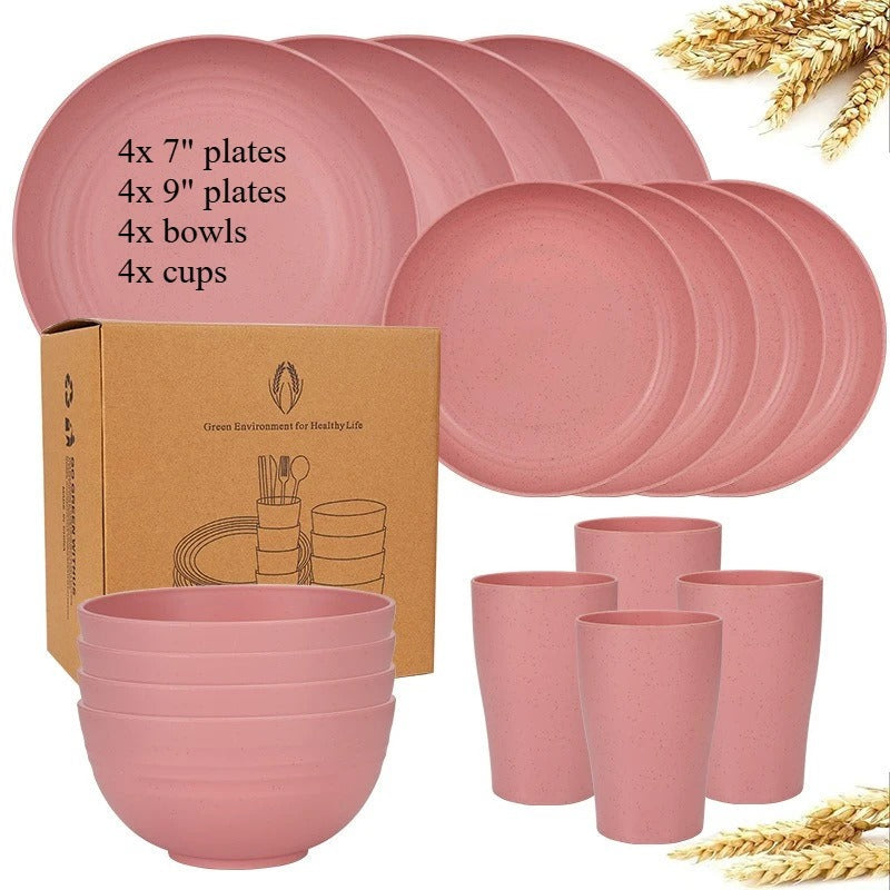 Biodegradable Dinnerware Set – Unbreakable Plates, Bowls & Cups | 16-Piece Lightweight Kitchen Set