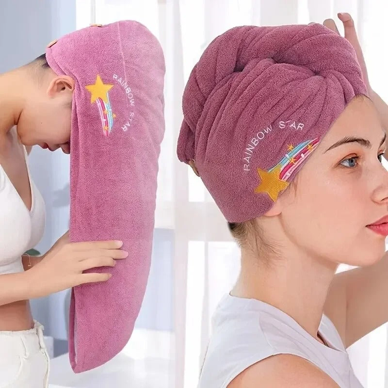 Quick Dry Hair Towel - Super Absorbent Coral Fleece Hair Wrap with Button - Soft Microfiber Hair Turban for Women & Girls