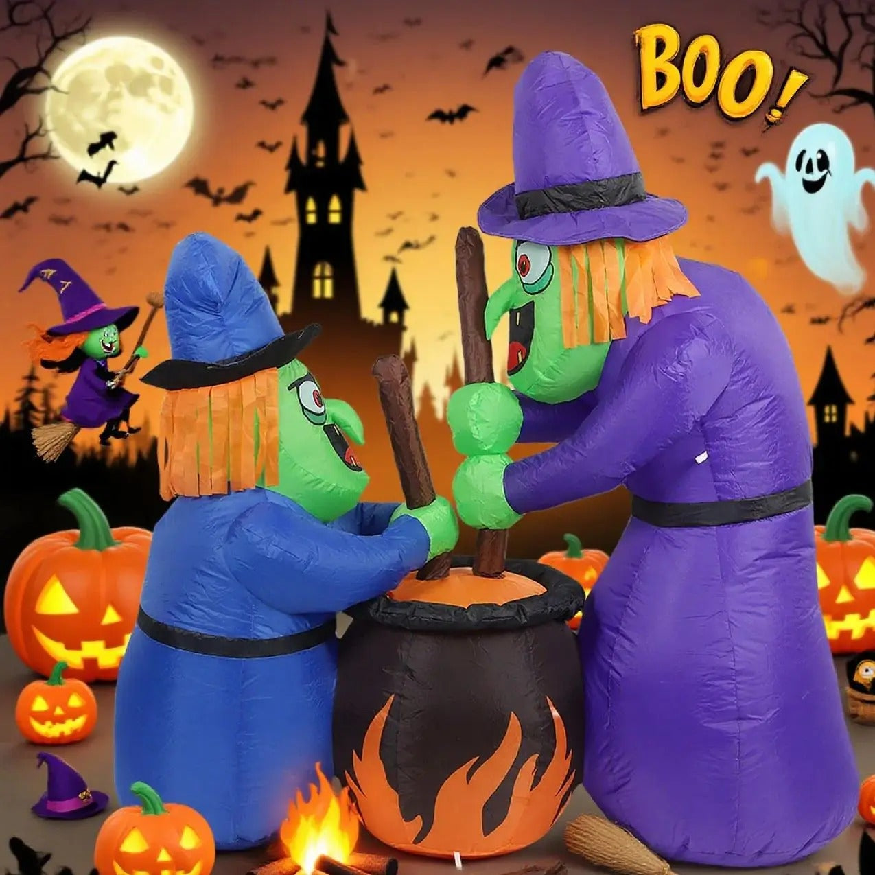 5Ft Halloween Inflatable Two Witches & Cauldron Decoration with Built-in LED Lights