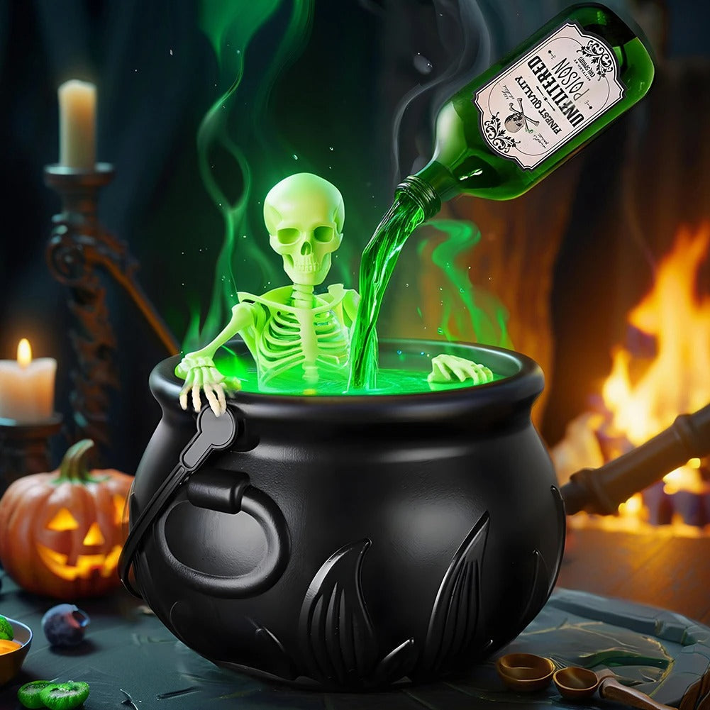 Halloween Witch Cauldron with LED Light & Fog Mist Maker – Skeleton Decor for Spooky Party