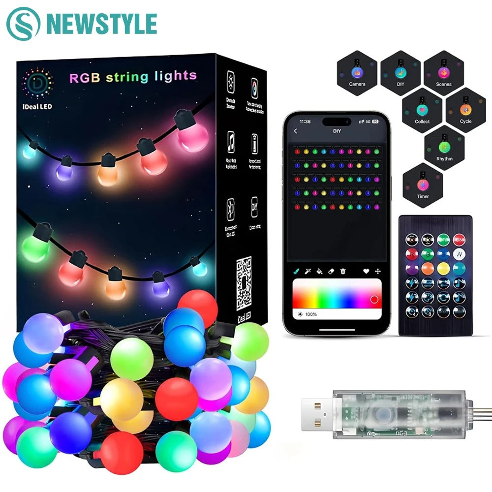Smart APP-Controlled RGB String Lights – IP65 Waterproof with Remote | 5M/10M