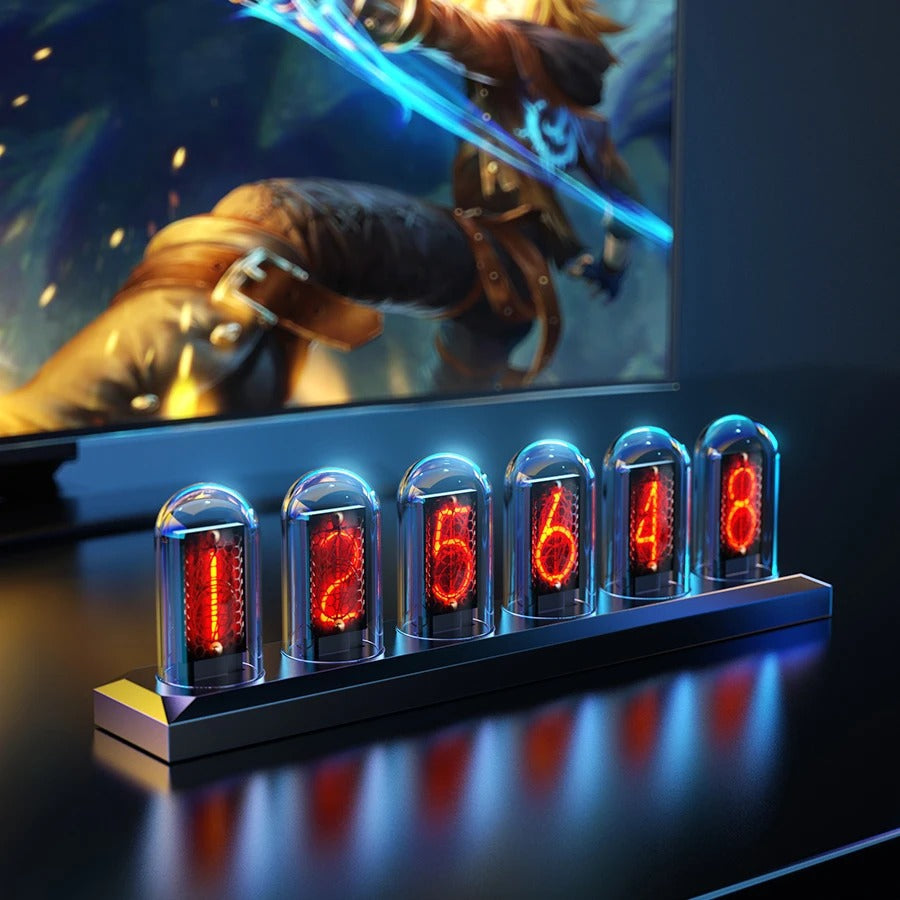 RGB Nixie Tube Clock – LED Glow IPS Colour Screen Retro Digital Desk Clock for Home & Office Decor