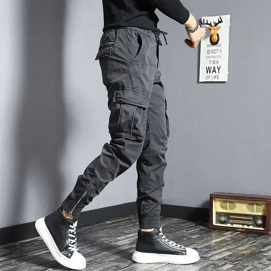 Men’s Grey Slim Biker Cargo Pants – Skinny Fit Streetwear Trousers with Multi-Pockets