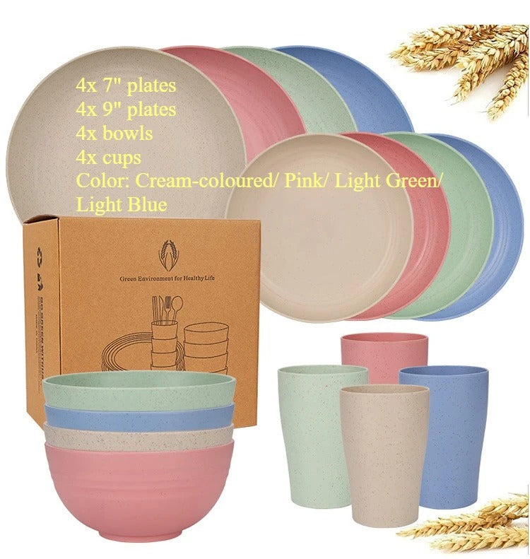 Biodegradable Dinnerware Set – Unbreakable Plates, Bowls & Cups | 16-Piece Lightweight Kitchen Set
