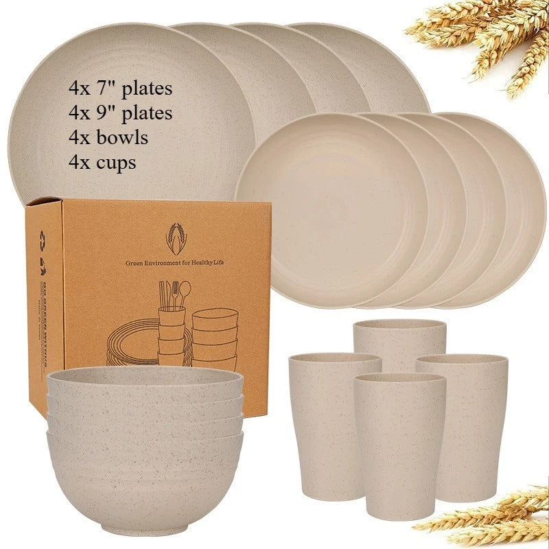 Biodegradable Dinnerware Set – Unbreakable Plates, Bowls & Cups | 16-Piece Lightweight Kitchen Set