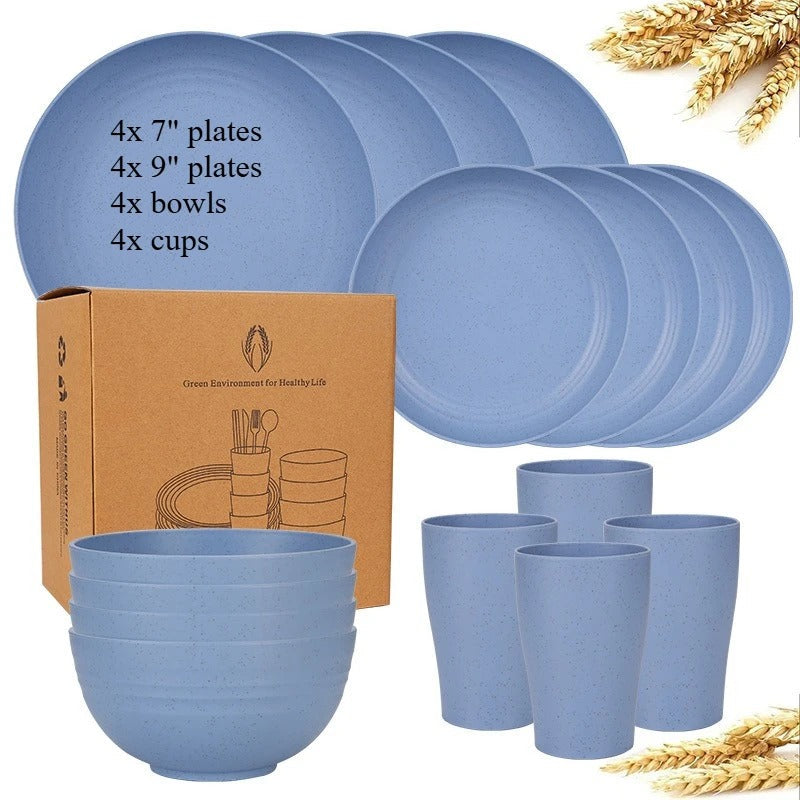 Biodegradable Dinnerware Set – Unbreakable Plates, Bowls & Cups | 16-Piece Lightweight Kitchen Set