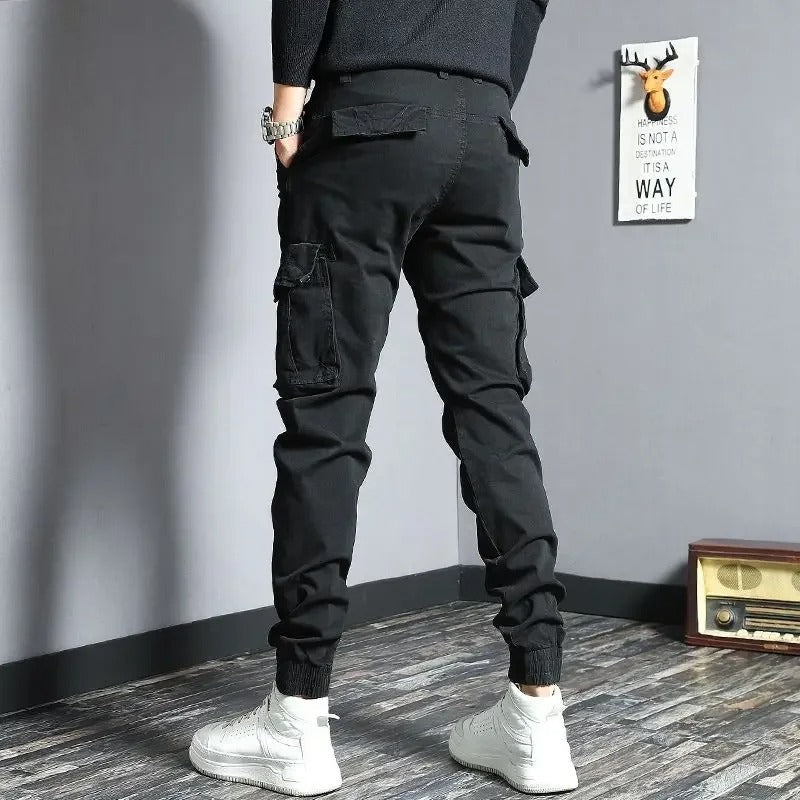 Men’s Grey Slim Biker Cargo Pants – Skinny Fit Streetwear Trousers with Multi-Pockets