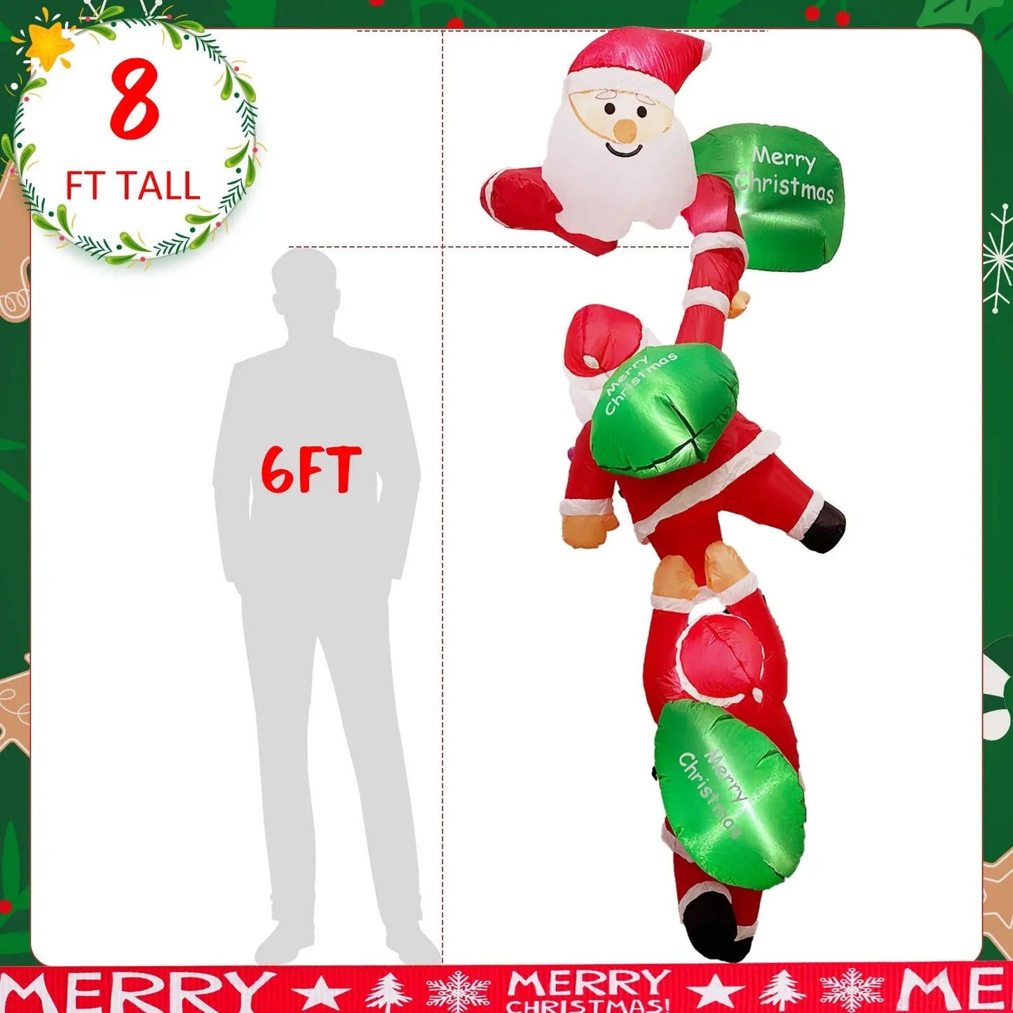 8FT Christmas Climbing Santa Inflatable – Giant Blow Up Outdoor Decoration with Built-in LED Lights