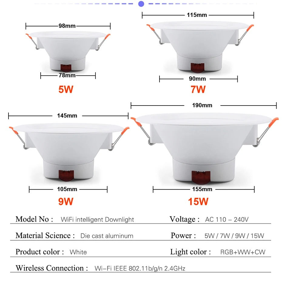 Tuya WiFi Smart LED Downlight – 5W 7W 9W 10W 15W 220V Dimmable Spot Light Compatible with Alexa & Google Home