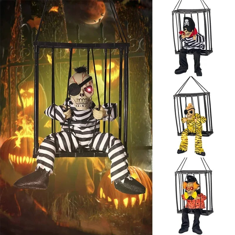 Prisoner Ghost in Cage – Scary Skull Prop Electric Skeleton Halloween Decoration