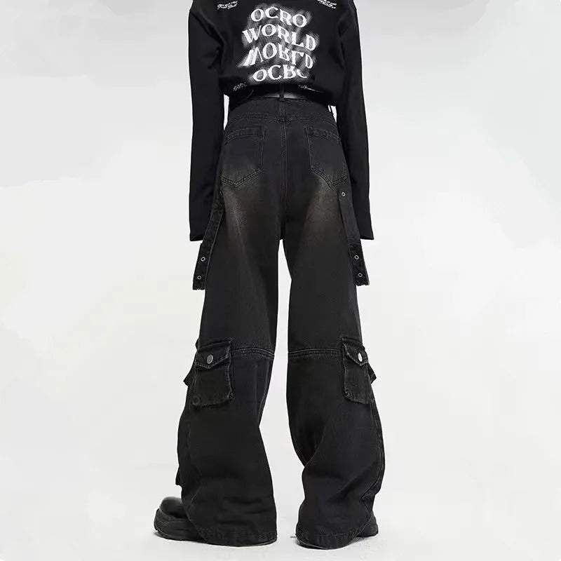 Men’s Baggy Cargo Jeans – Multi-Pocket Loose Fit Denim Streetwear Trousers