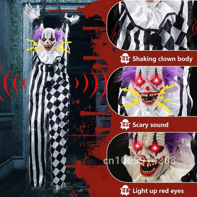 Scary Hanging Clown Animatronics with Glowing Eyes – Haunted Halloween Prop