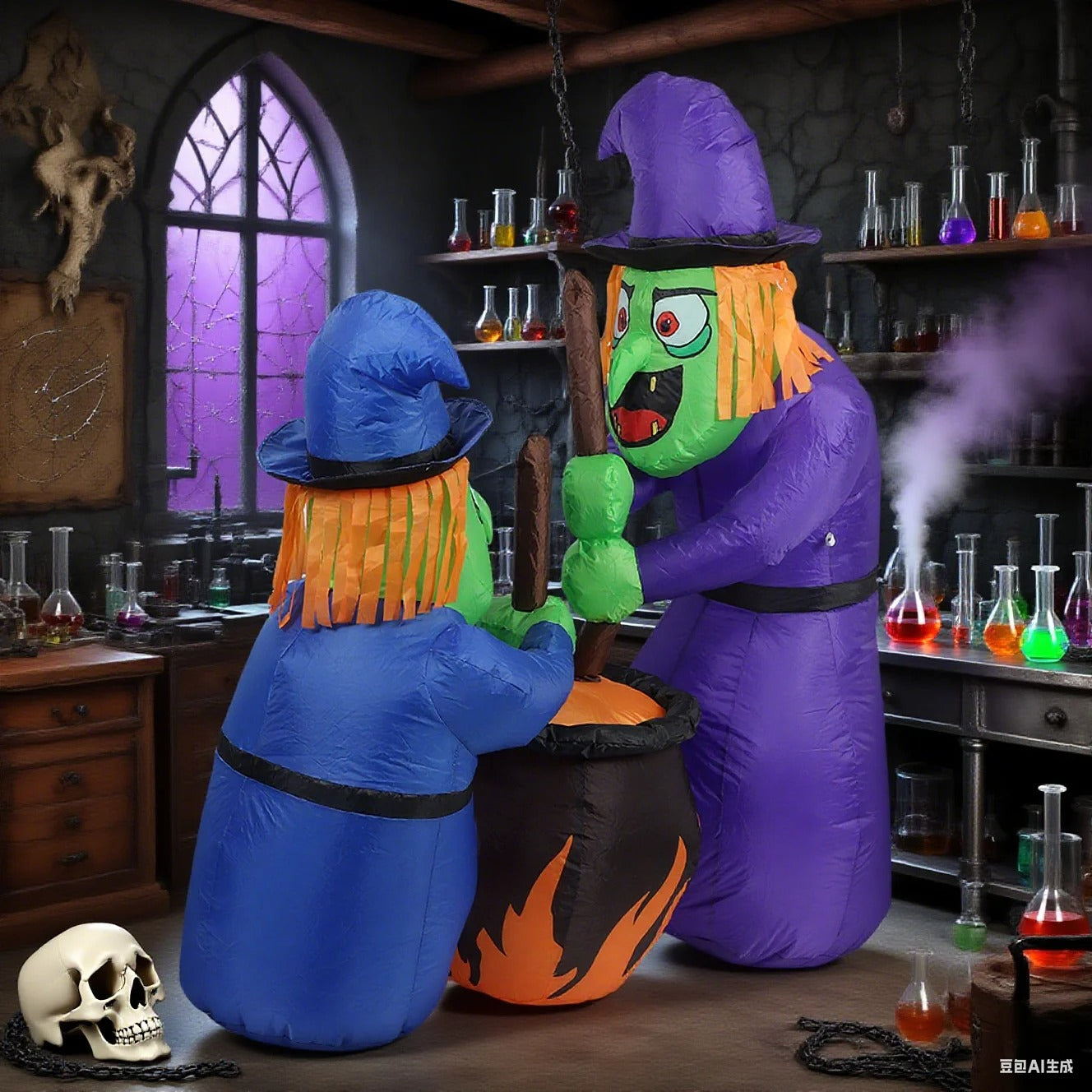 5Ft Halloween Inflatable Two Witches & Cauldron Decoration with Built-in LED Lights