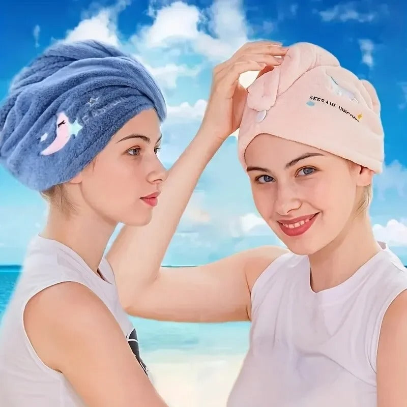 Quick Dry Hair Towel - Super Absorbent Coral Fleece Hair Wrap with Button - Soft Microfiber Hair Turban for Women & Girls