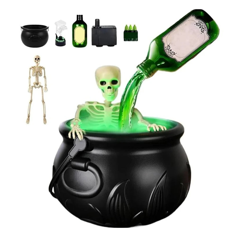 Halloween Witch Cauldron with LED Light & Fog Mist Maker – Skeleton Decor for Spooky Party