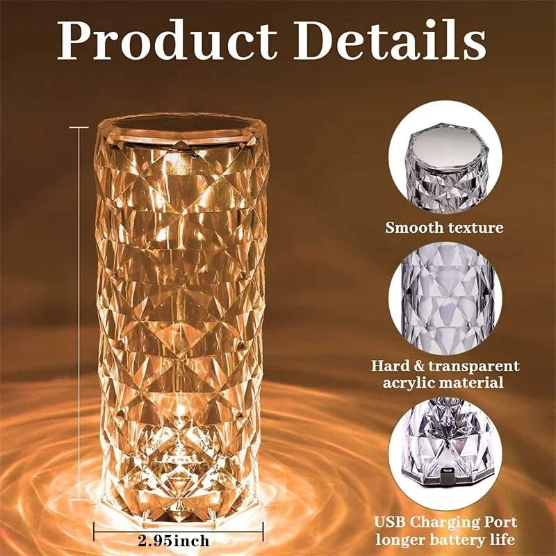 Crystal Rose Table Lamp – 16 Colour RGB LED Night Light with Remote & USB-C Rechargeable