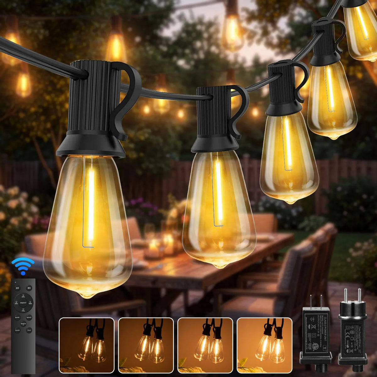 ST38 LED Outdoor String Lights with Remote Control – Dimmable Patio & Garden Lights
