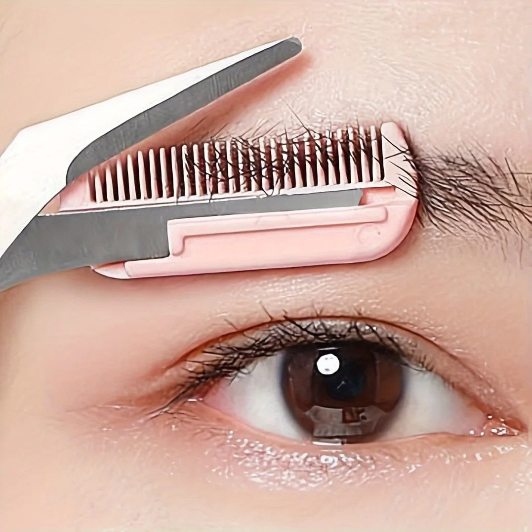 Pink Eyebrow Scissors with Built-In Comb – Stainless Steel Precision Grooming Tool