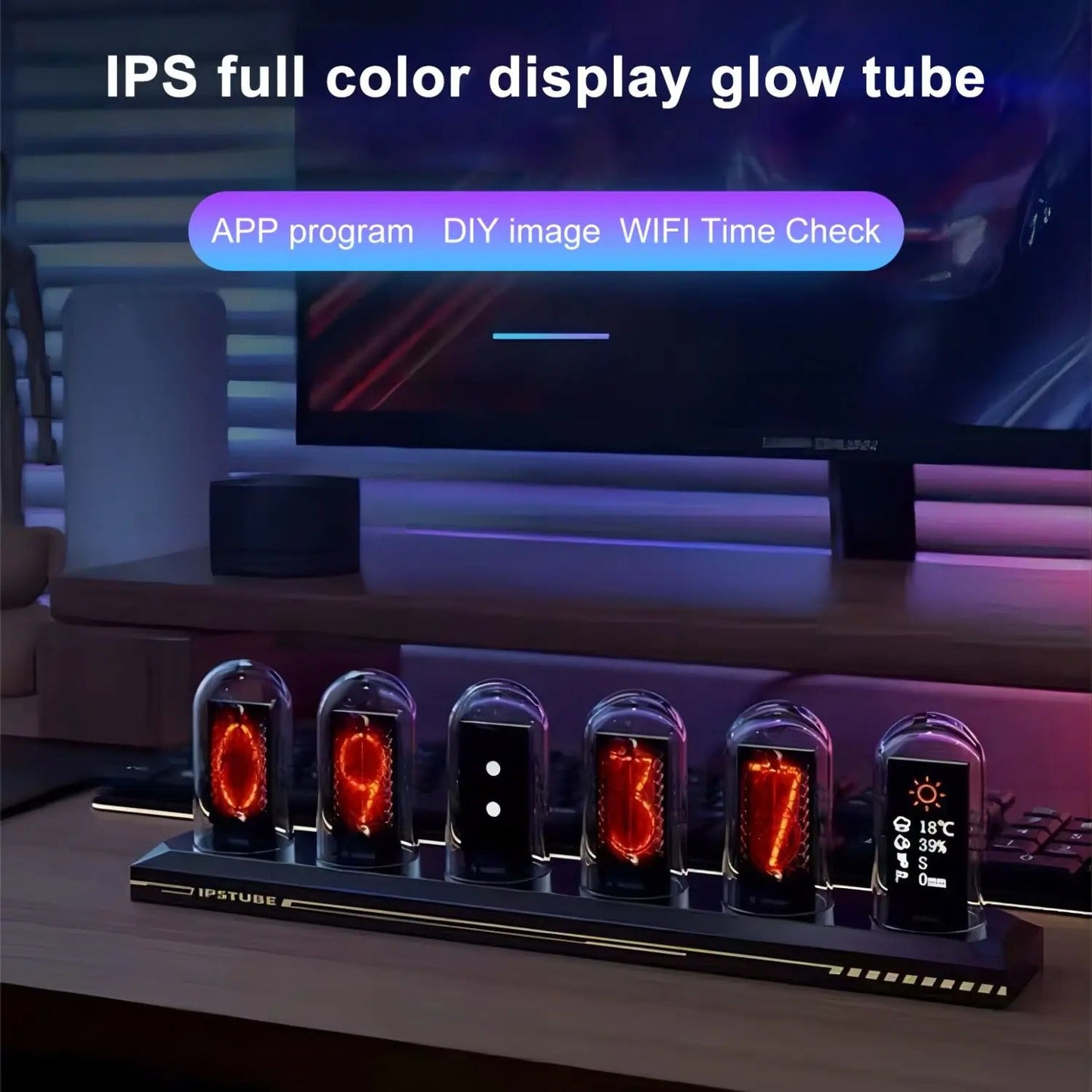 RGB Nixie Tube Clock – LED Glow IPS Colour Screen Retro Digital Desk Clock for Home & Office Decor