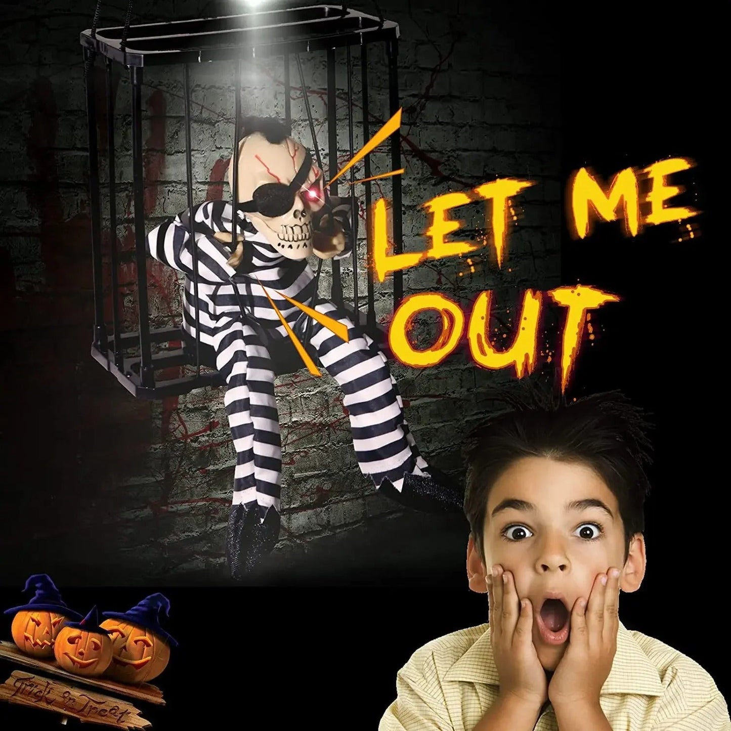 Prisoner Ghost in Cage – Scary Skull Prop Electric Skeleton Halloween Decoration