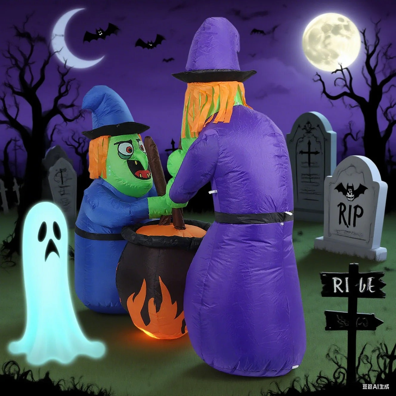 5Ft Halloween Inflatable Two Witches & Cauldron Decoration with Built-in LED Lights
