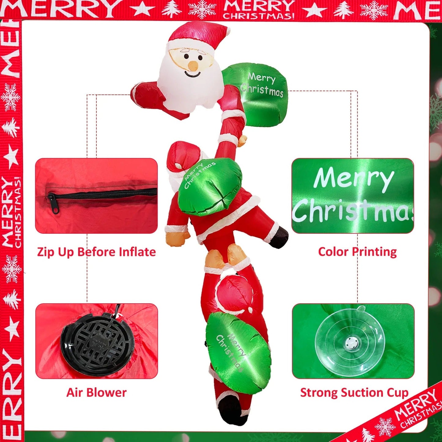 8FT Christmas Climbing Santa Inflatable – Giant Blow Up Outdoor Decoration with Built-in LED Lights