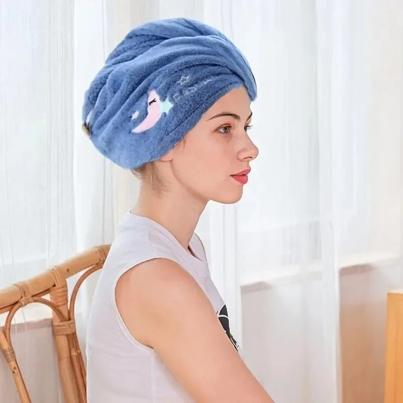 Quick Dry Hair Towel - Super Absorbent Coral Fleece Hair Wrap with Button - Soft Microfiber Hair Turban for Women & Girls