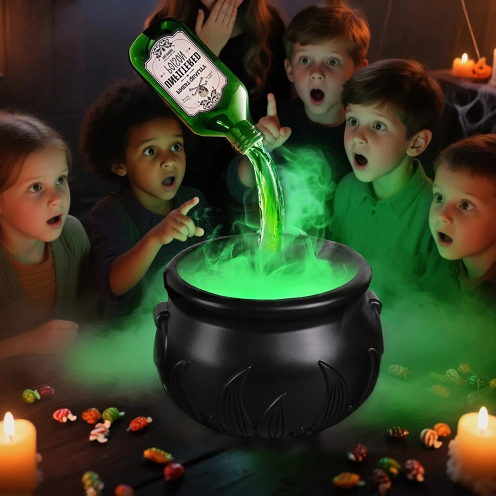 Halloween Witch Cauldron with LED Light & Fog Mist Maker – Skeleton Decor for Spooky Party