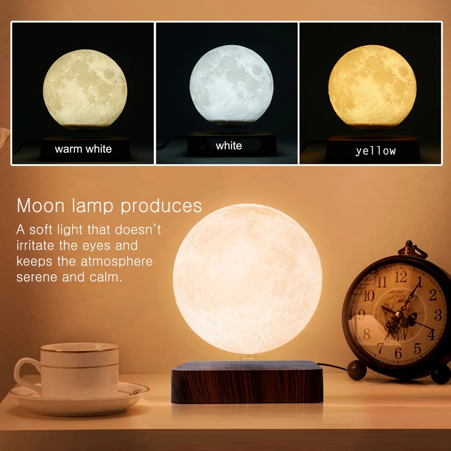 Magnetic Levitating Moon Lamp – 3D Printed, 3-Color LED Night Light with Wooden Base