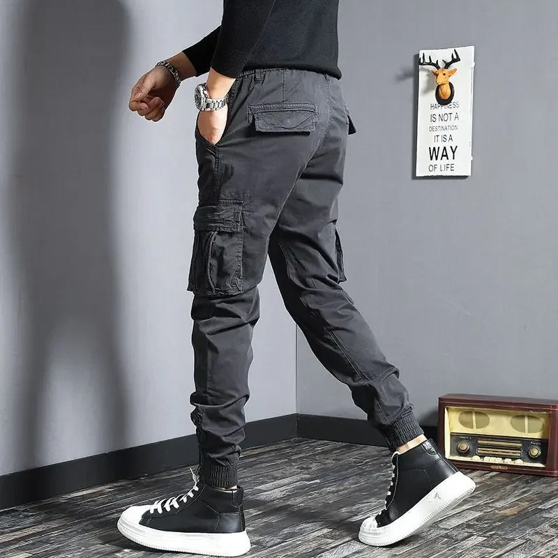 Men’s Grey Slim Biker Cargo Pants – Skinny Fit Streetwear Trousers with Multi-Pockets