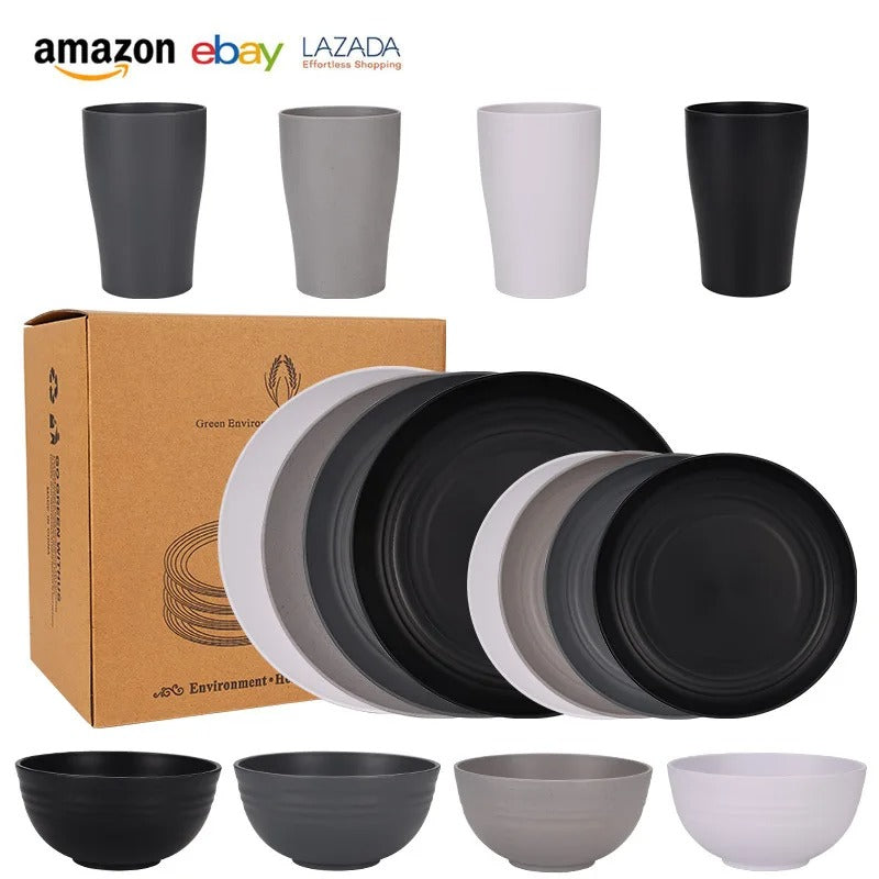 Biodegradable Dinnerware Set – Unbreakable Plates, Bowls & Cups | 16-Piece Lightweight Kitchen Set