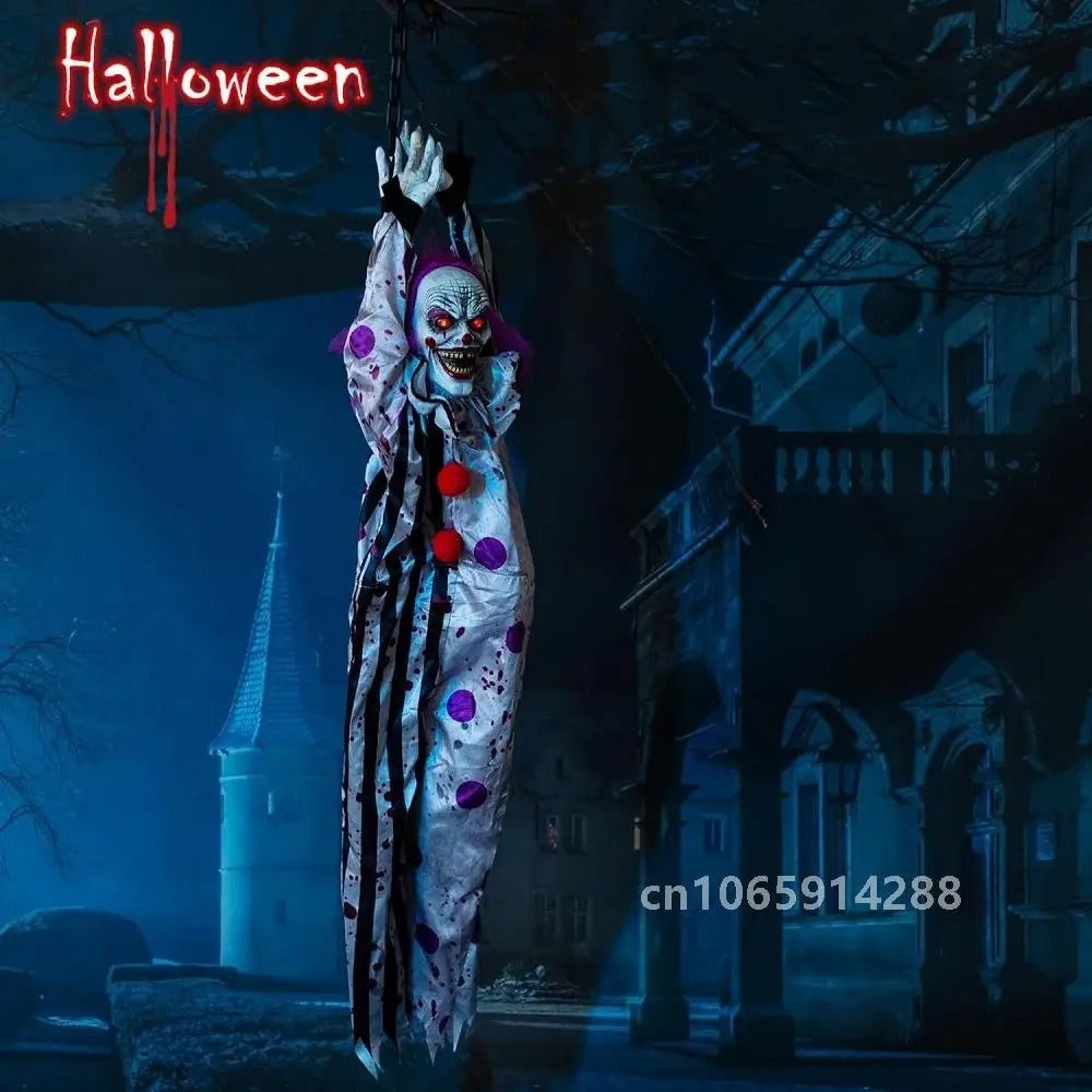 Scary Hanging Clown Animatronics with Glowing Eyes – Haunted Halloween Prop