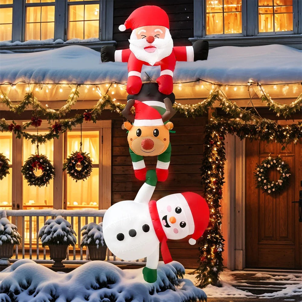 2.4M Inflatable Christmas Climbing Santa Claus with Reindeer & Snowman,Built-in LED for Outdoor Beam Roof Tree Party Yard Decor