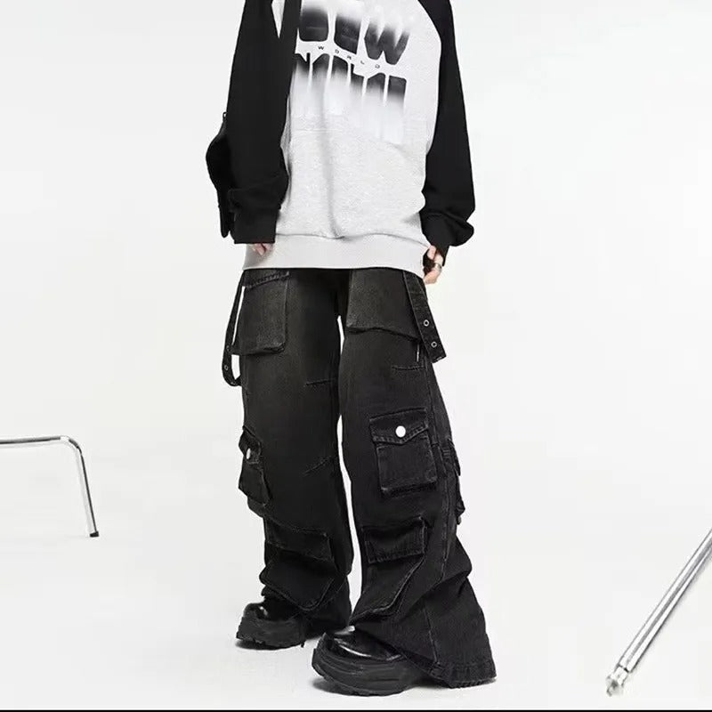 Men’s Baggy Cargo Jeans – Multi-Pocket Loose Fit Denim Streetwear Trousers