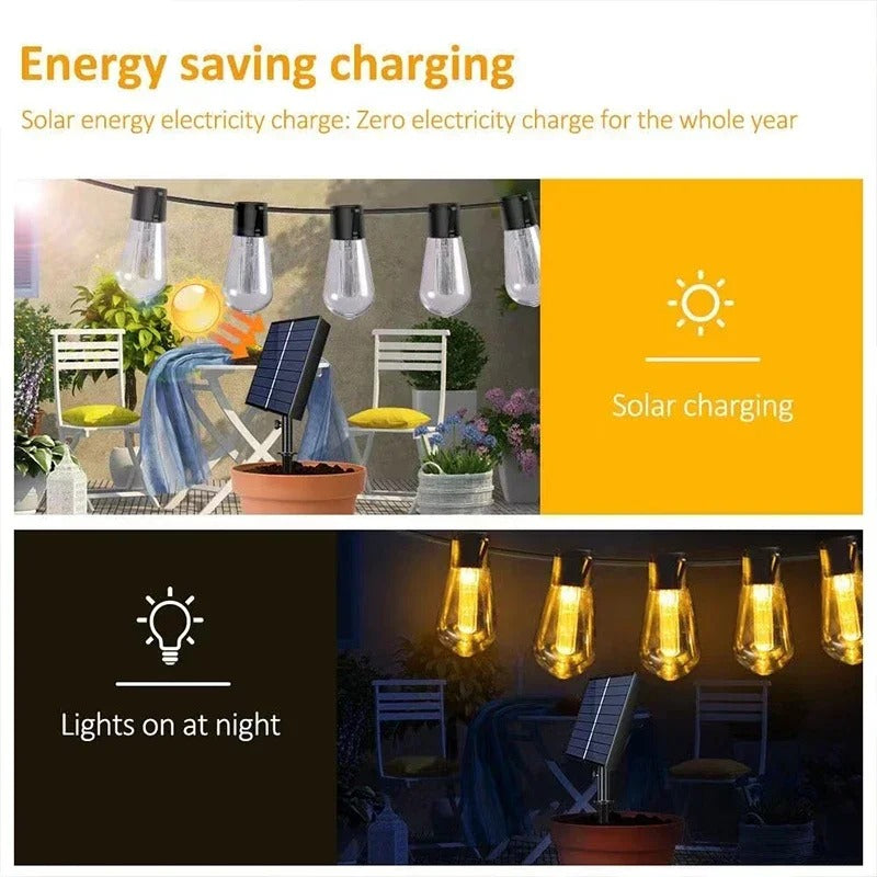 Solar String Lights, S14 Edison Bulb Warm White Garland