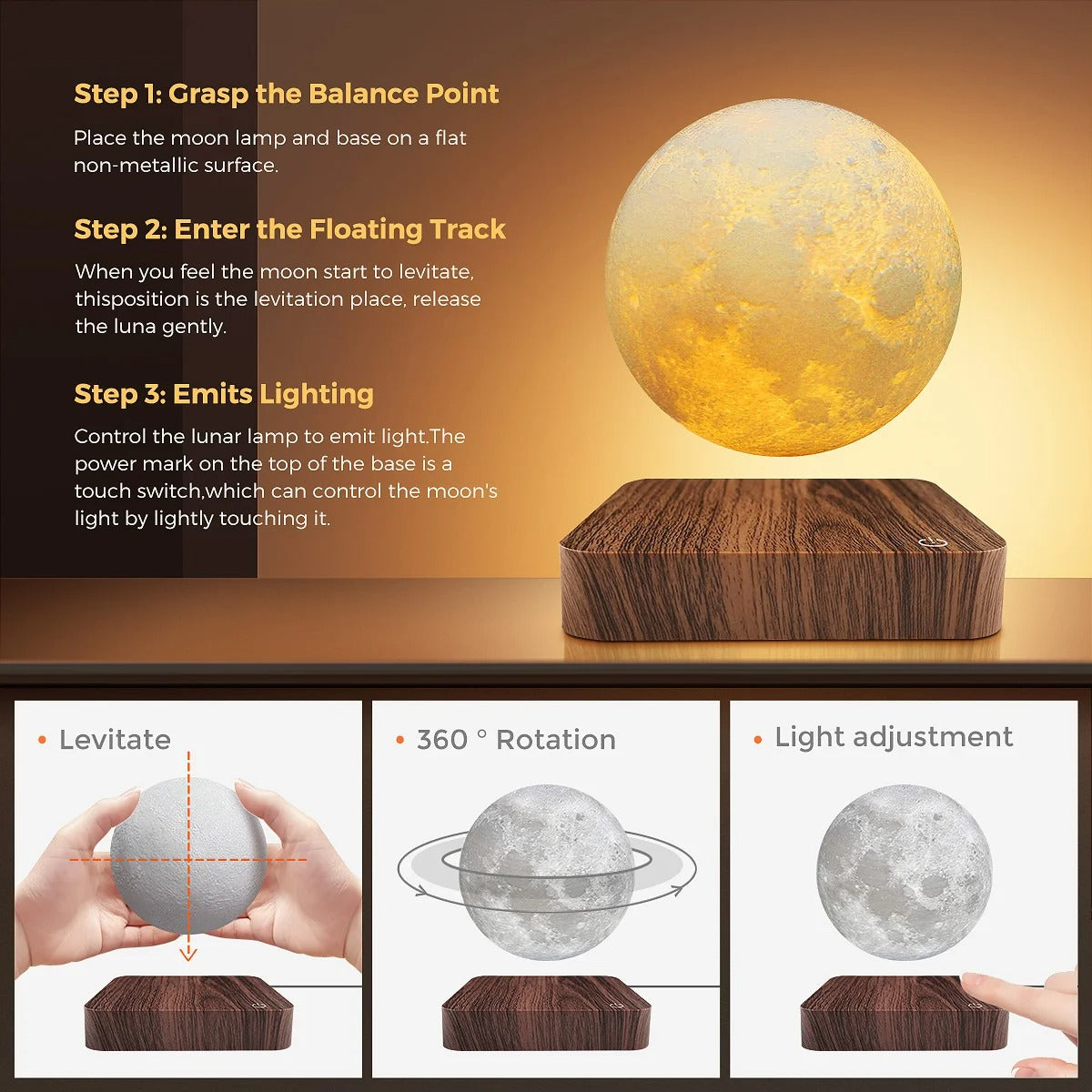 Magnetic Levitating Moon Lamp – 3D Printed, 3-Color LED Night Light with Wooden Base