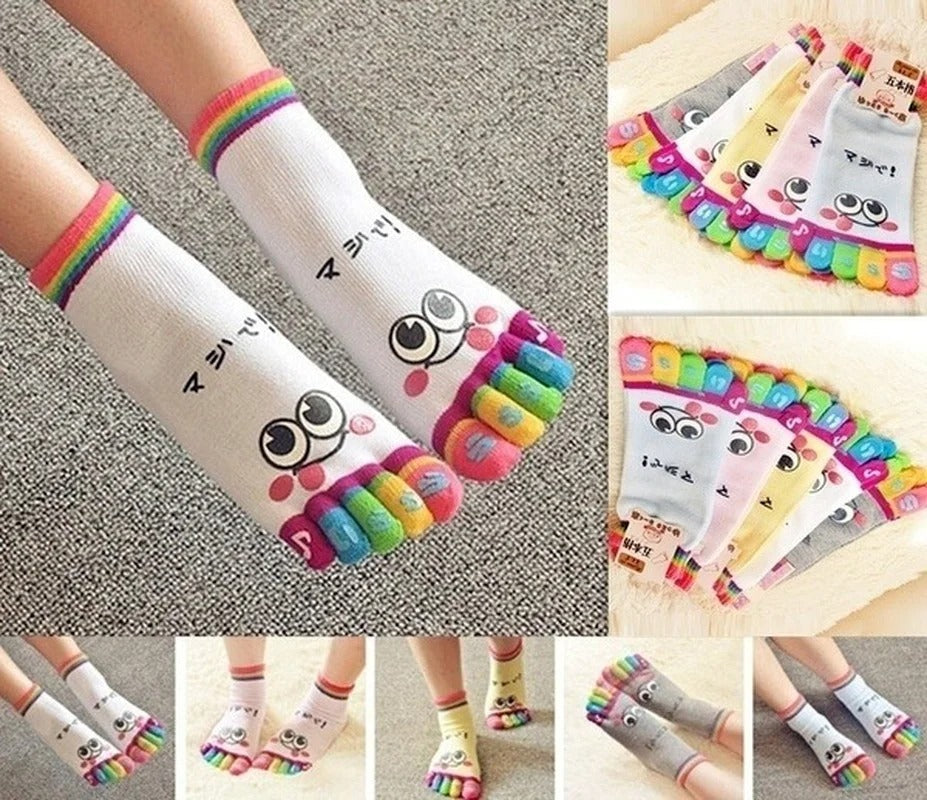 Five-Toe Crew Socks – Funny Short Cartoon Smiley Finger Show Socks