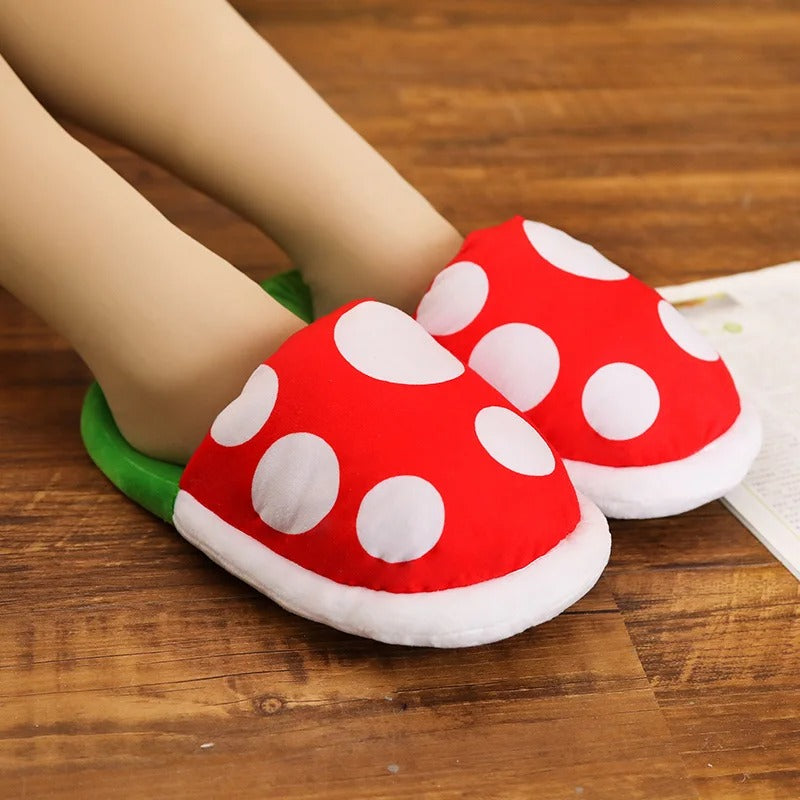 Super Mario Piranha Plant Mushroom Slippers - Plush Gaming Slippers for Kids & Adults