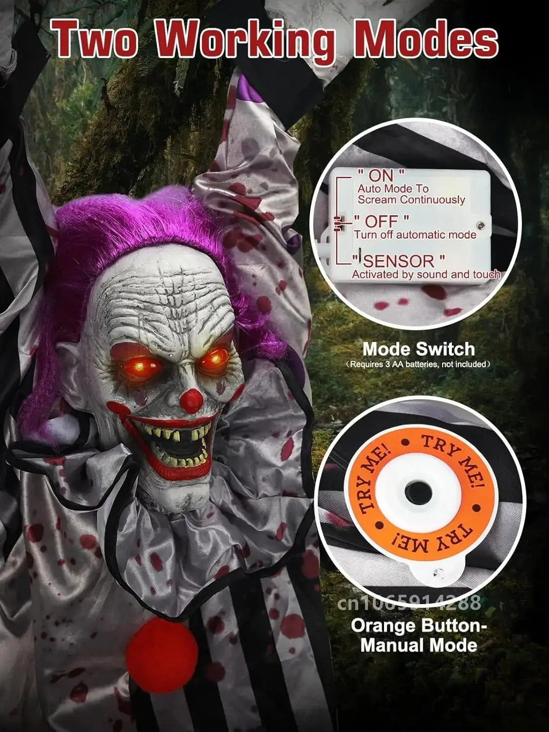 Scary Hanging Clown Animatronics with Glowing Eyes – Haunted Halloween Prop