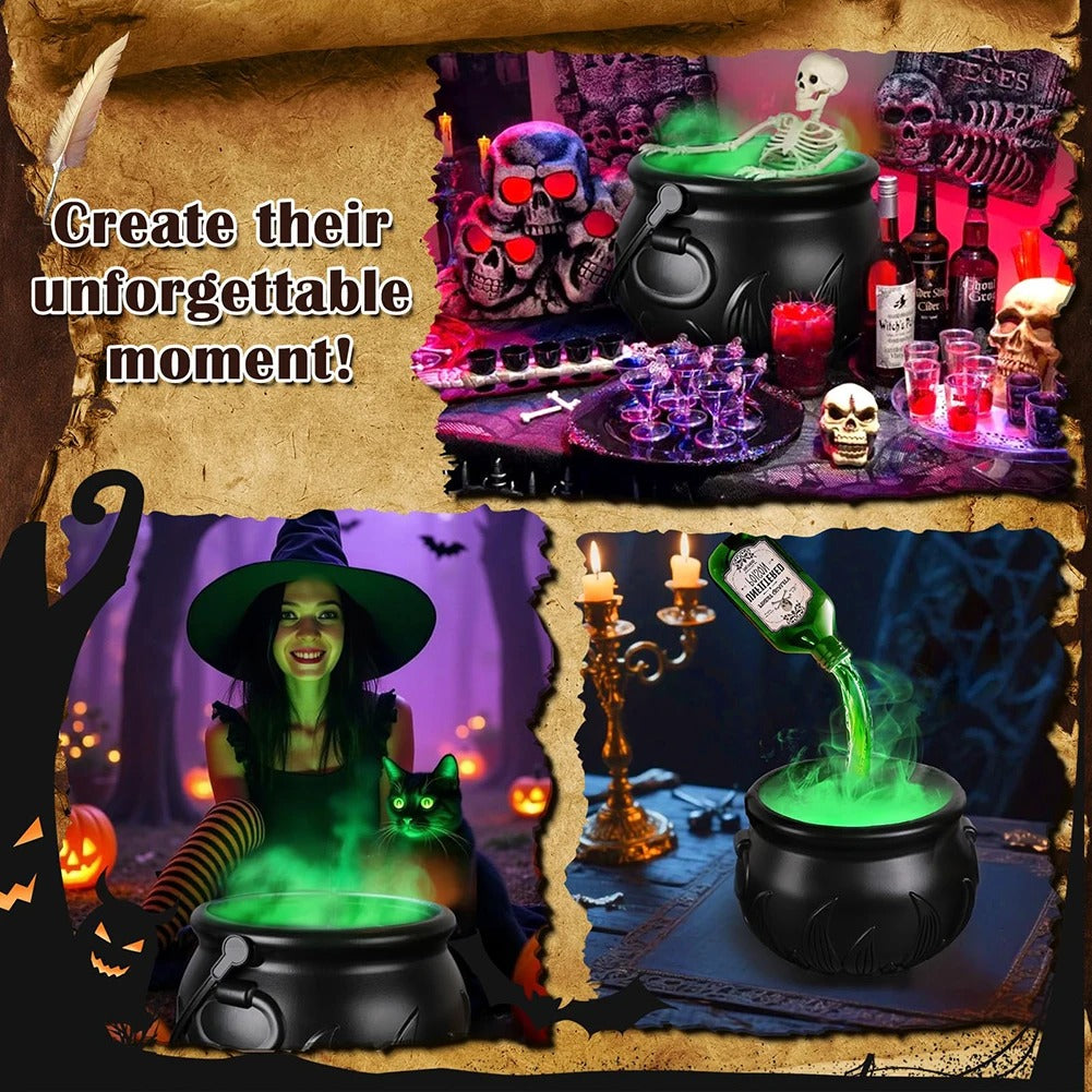 Halloween Witch Cauldron with LED Light & Fog Mist Maker – Skeleton Decor for Spooky Party