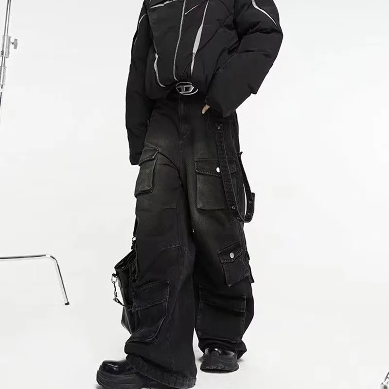 Men’s Baggy Cargo Jeans – Multi-Pocket Loose Fit Denim Streetwear Trousers